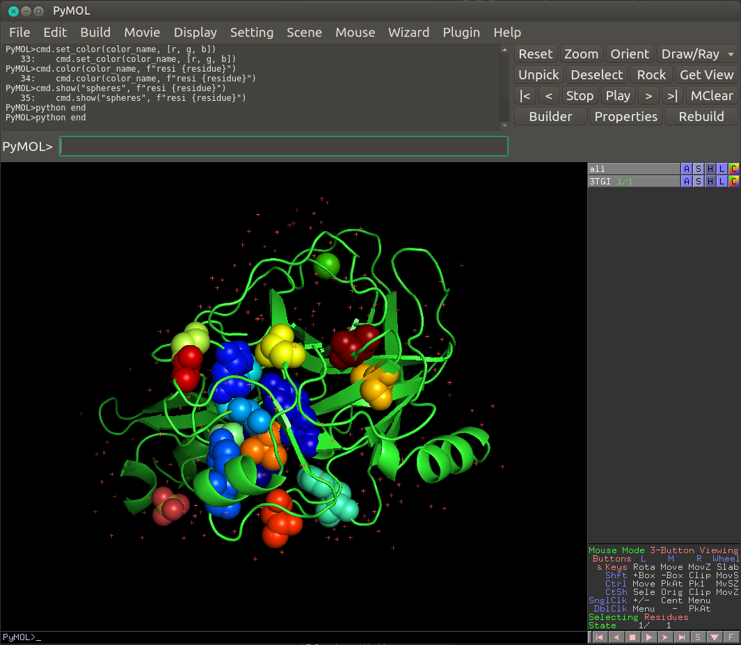 Pymol window with a colored set of residues